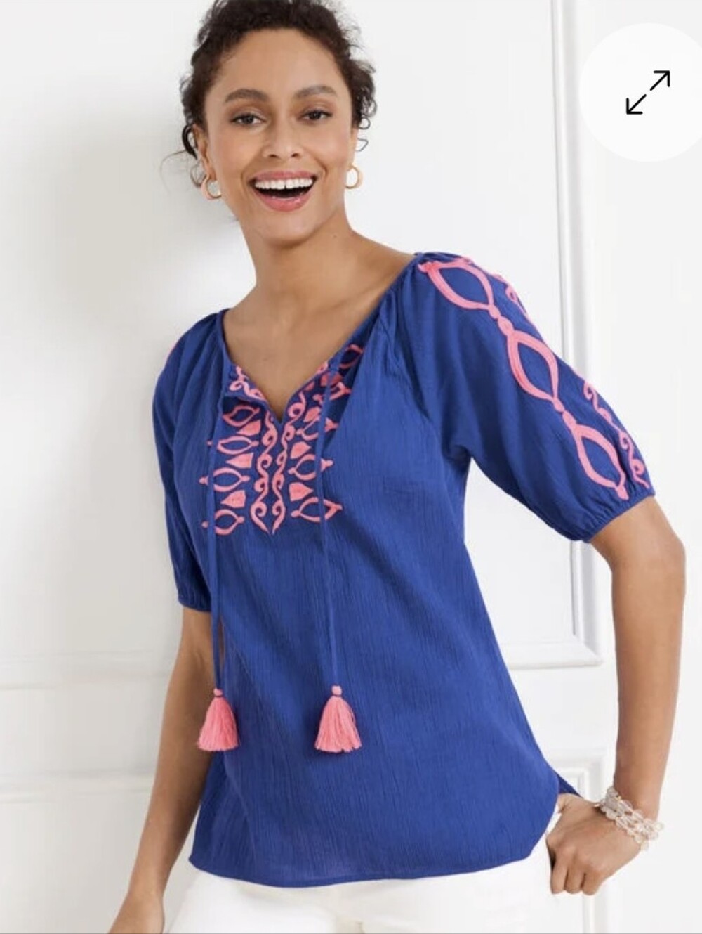 Talbot's Blue Embroidered Peasant Top with Pink Tassels X